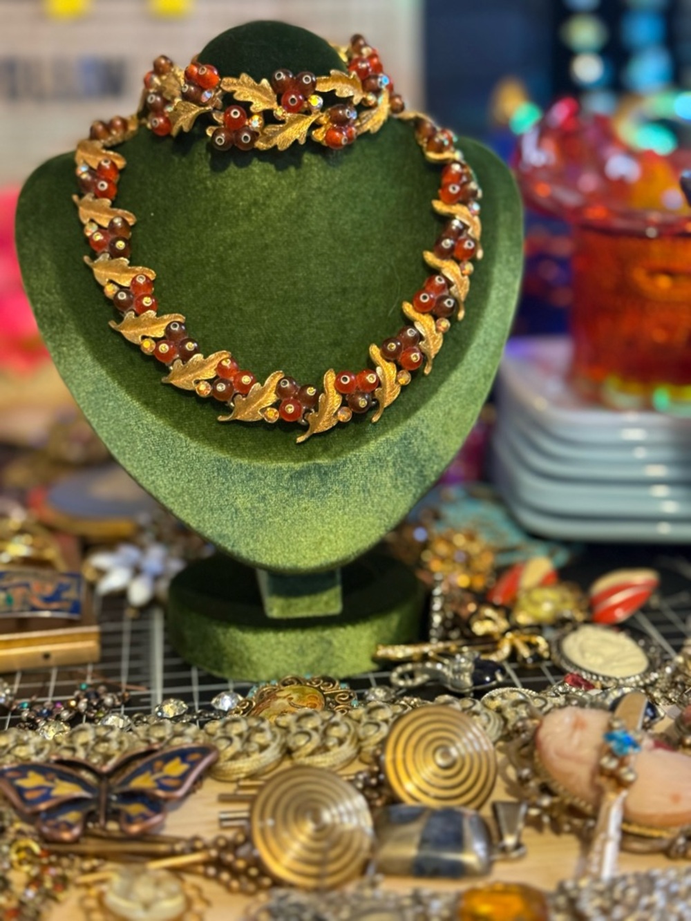 Gold-Tone Leaf Necklace and Bracelet Set with Red Beads